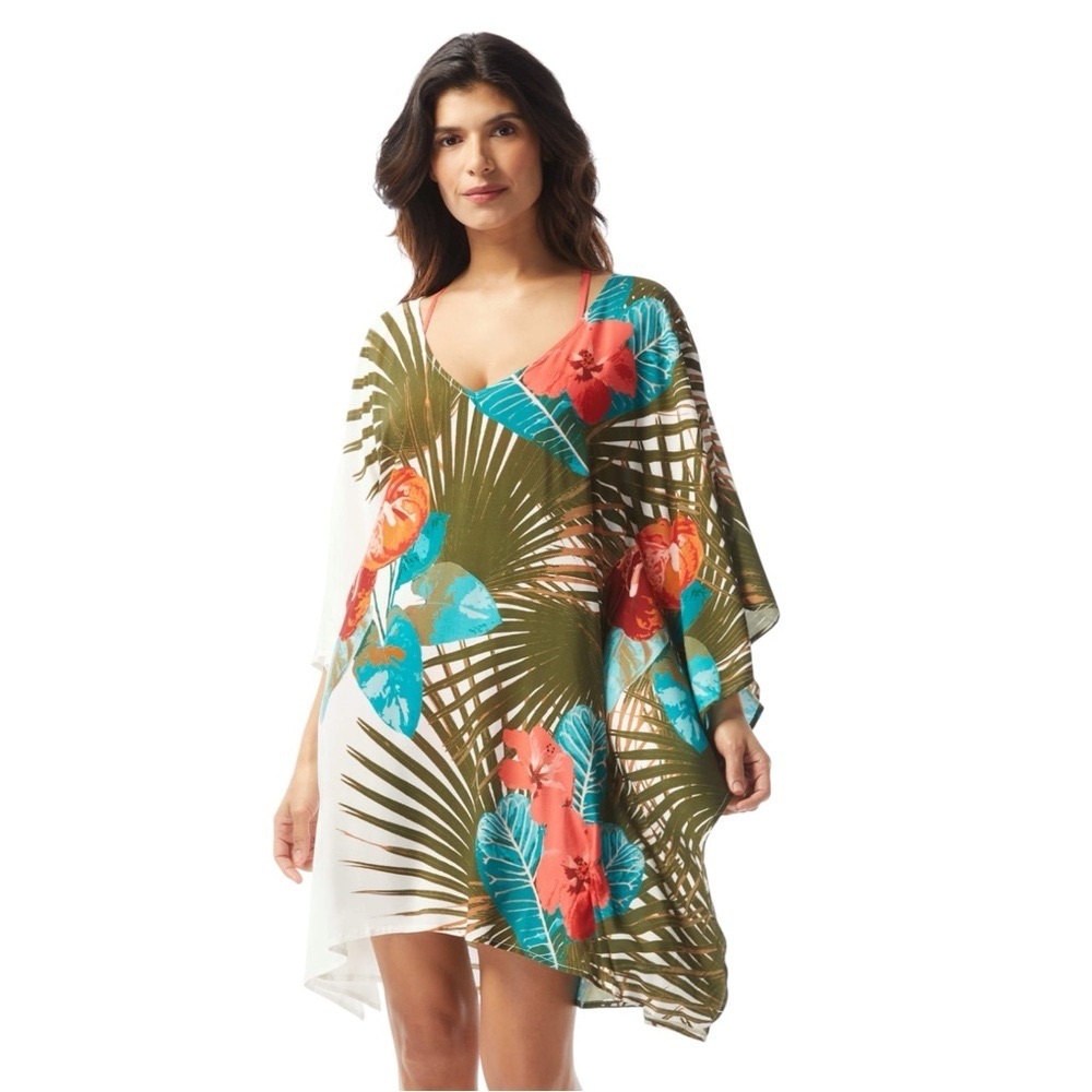 Vince Camuto V-Neck Caftan Cover Up Palm Paradise NWT M/L